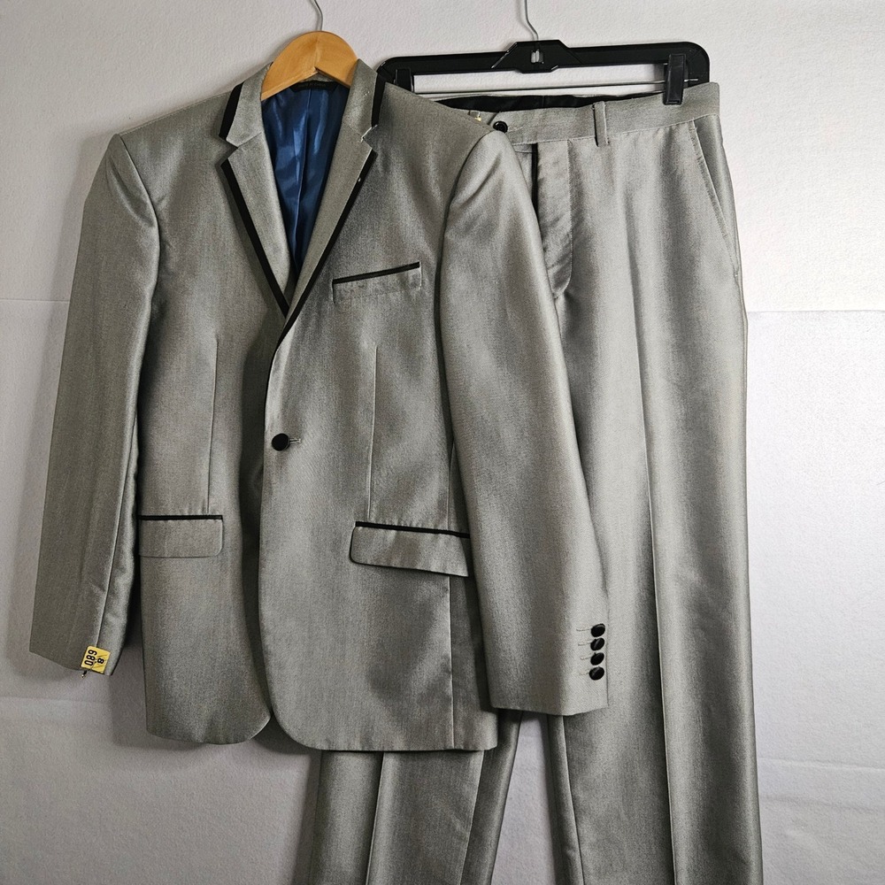Eleganza Mens Silver Grey Sharkskin 2 Piece Suit Black Piping Prom Wedding 38S